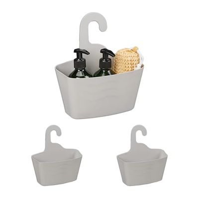 Relaxdays Duschkorb Zum Hängen Pack 3 Cestas de Ducha Colgantes, sin Taladrar, Estantes Organizadores Bañera, Soporte Shampoo y Gel, Gris, 25 x 23 x 10 cm