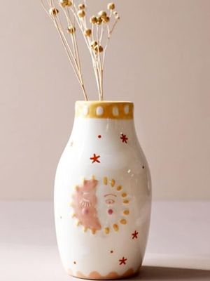 MOUGIGI Vaso in ceramica unico, grazioso decoro boho, piccolo vaso color crema per fiori secchi o bocciolo singolo, design con sole e luna