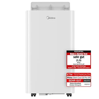 Midea Climatiseur mobile Silent Cool 26 Pro WF 3 en 1 avec tuyau d'évacuation, refroidissement, déshumidification, ventilation, 9000 BTU, 2,6 kW, pour pièces env. 80 m³ (32 ㎡), EEK A