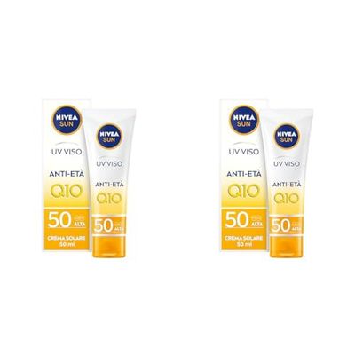NIVEA SUN UV Viso Anti-Età FP 50 in tubetto da 50 ml,Crema viso antirughe con Coenzima Q10, Crema solare viso 50 per uso giornaliero, Crema antimacchia viso con azione anti-età (Confezione da 2)
