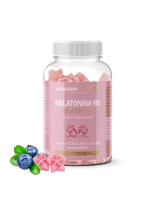 Melatonina. 60 Gominolas de Melatonina de 1mg + Vitamina B6 de 0,7mg. Sin Gluten Ni Azúcar. Sabor Arándanos. Ayuda a conciliar el sueño y reduce la sensación de Jet lag. Wonkandy Nutrition.