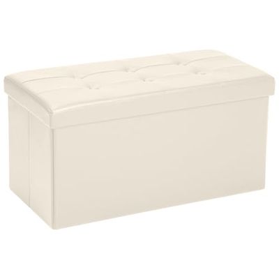 COSYLAND Kruk met opbergruimte, opvouwbare zitbank, zitkist van kunstleer, gevoerde zitkubus, voetenbank, opbergdoos met deksel, voor woonkamer, slaapkamer, 76 x 38 x 38 cm, beige