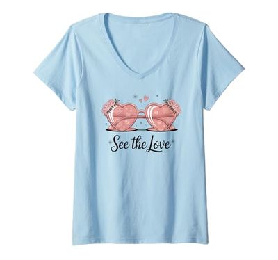 Womens Coquette Style Heart Shades with Roses Sunglasses V-Neck T-Shirt