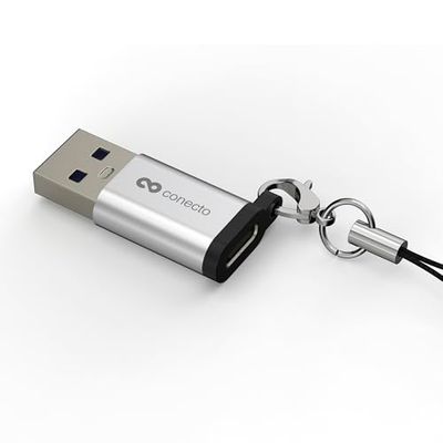 conecto USB-C till USB-A-adapter, 480 Mbps dataöverföring, OTG, 15 W 3A snabbladdningsfunktion, för iPhone, Samsung Galaxy, Google Pixel och många fler, aluminium/silver