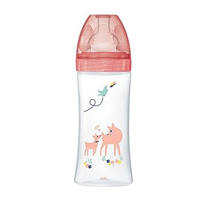 Dodie 3700763536613 Anti-koliek Sensation+, platte zuiger, 3, 6 maanden, roze tuin, 330 ml, 1 stuk