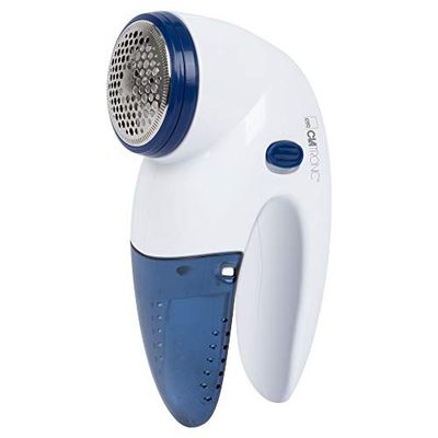 Clatronic TC 3759 Nettoyant Textile pour éliminer efficacement Les Peluches et Les Petits Bouloches, Lame en Acier Inoxydable à 3 Ressorts, Petit et maniable, Blanc/Bleu, 59x155x79 mm