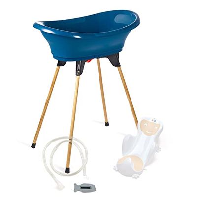 THERMOBABY - Pack Baignoire Bébé VASCO 5 En 1 - Baignoire, Pied En Bois, Tuyau De Vidange, Transat De Bain, Thermomètre - Bleu Océan - Pliable & Stable - Fabriqué En France