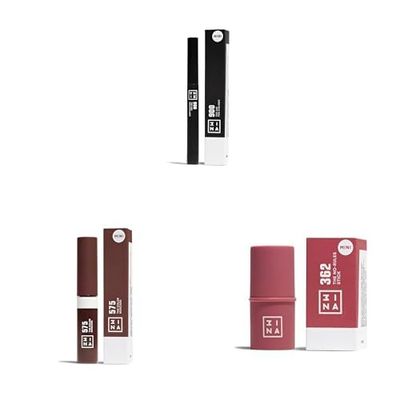 3INA MAKEUP - Kit di Trucco: Eyeliner Nero Liquido 24H + Mascara Marrone + Blush Rosa - Vegan e Cruelty Free