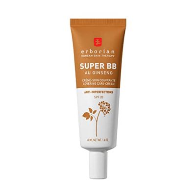 Erborian, Super BB Cream al Ginseng, Trattamento Viso Tinta Alta Coprenza Anti-Imperfetti, Correttore e Perfettore di Teint, Protezione Solare SPF 20, Trattamento Cosmetico Coreano, Caramello 40 ml