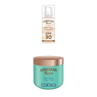 Bundle of Hawaiian Tropic Hydrating Protection Face Sun cream SPF 30 UVA plus UVB Protection 50 ml, + ic Enriching After Sun Body Butter 250 ml, 12-Hour Moisturisation, With Shea Butter, Coconut scent