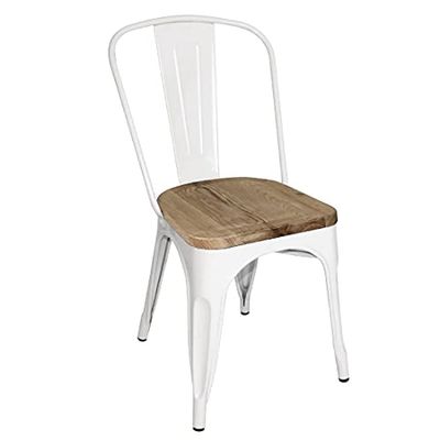Bolero Bistro Side Chairs with Wooden Seat Pads Set (Pack of 4), White, Galvanised Steel Frame with Ash Wood Seat, Stackable, Seat Height: 445 mm, GM644