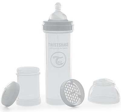 Twistshake Biberon Anti-Colique 330 ml avec Récipient à Lait en Poudre et Mélangeur – Tétine en Silicone Débit Rapide – Sans BPA – Idéal pour Bébé dès 4 Mois – Blanc