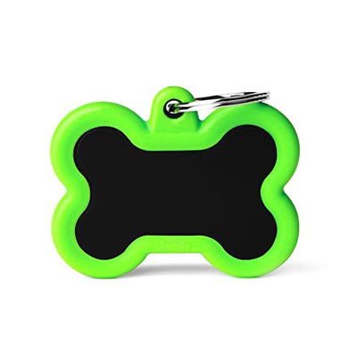 MyFamily Médaille d'identification pour animal de compagnie fabriquée en Italie, os noir et vert, plaque d'identité pour chien, en aluminium émaillé et caoutchouc, collection Hushtag, 41 x 33 mm