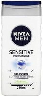 NIVEA MEN Gel doccia Sensitive 3 in 1 (1 x 250 ml), gel doccia uomo per pelle sensibile, detergente delicato per corpo, capelli e viso, sapone doccia con estratto di bambù