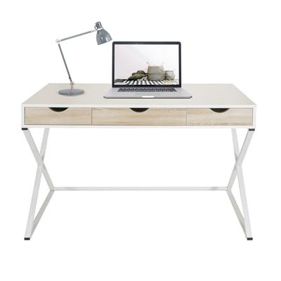 hjh OFFICE Easy Flow III 821006 Bureau met schuifladen, wit/eiken, moderne computertafel met stalen frame, 120 x 50 cm