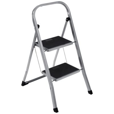 Escalera Plegable de 2 peldaños, Plegable hasta 150 kg (2 peldaños, Plata/Negro)