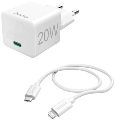 Hama Chargeur Rapide iPhone 20W (Chargeur USB-C Rapide, Certifié Apple MFI, Cable USB C vers Lightning 1m Inclus, Chargeur Mini Compact, Chargeur PD) Blanc