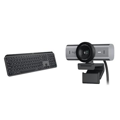 Logitech MX Keys S draadloos toetsenbord, laag profiel, US INT'LQWERTY, Logitech MX Brio Ultra HD 4K-webcam voor samenwerking en streaming, 1080p bij 60 FPS, dubbele ruisonderdrukkende microfoons