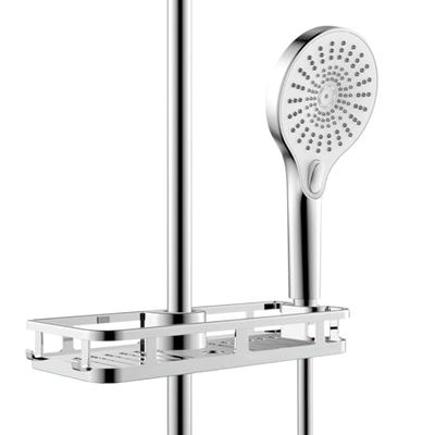 WENKO étagère de douche Libertà | support de douche chromé avec porte-savon et crochets | accessoire douche sans perçage en ABS | DIM (l x h x p) 28,5 x 4 x 11,5 cm | couleur chromée