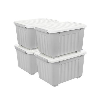 Cetomo Boîte de rangement en plastique 35 L x 4, grise, boîte fourre-tout, contenant de rangement avec couvercle durable et boucles de verrouillage sécurisées, empilable et emboîtable, paquet de 4, avec boucle