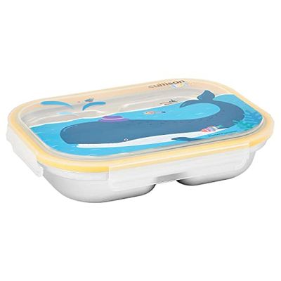 Cuitisan Infant Assiette en acier inoxydable avec couvercle et compartiments, passe au micro-ondes et au four, lave-vaisselle, congélateur, 2 compartiments, Jaune