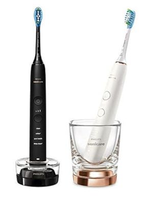 Philips Sonicare DiamondClean Series 9000 - Duo Pack with 2X Advanced Sonic Electric Toothbrushes for Cleaner Teeth & Gums, with Mobile App, Black + Rose Gold (Model HX9914/57), Black & Rose Gold