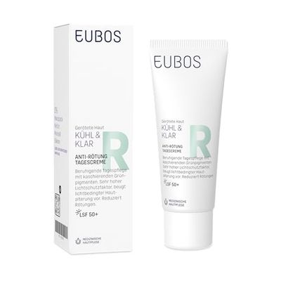 EUBOS | Kyl och klar | Anti-rodning dagkräm SPF 50+ – vegansk dagvård för Rosacea & couperose | Med gröna pigment och fytokomplex | Lugnar rodnad hud | UV-skydd och cellskydd | 40 ml