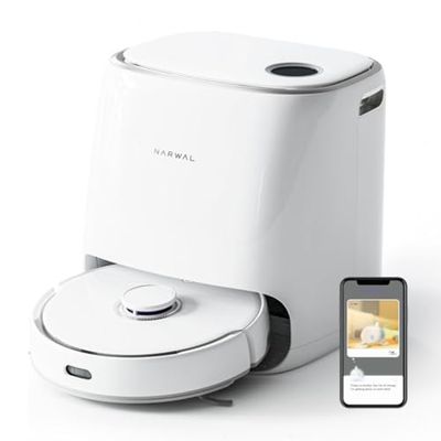 Narwal Aspirateur Robot Laveur Freo, Lavage & Séchage, Ultra Propre avec Technologie DirtSense, Ajout Automatique de Détergent, Écran LCD, Balayage Intelligent, Trajectoire arquée, WiFi, Colori Blanc
