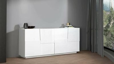 Dmora - Credenza Yago, Buffet da soggiorno, Madia da salotto moderna con 4 ante, 200x44h86 cm, Bianco lucido