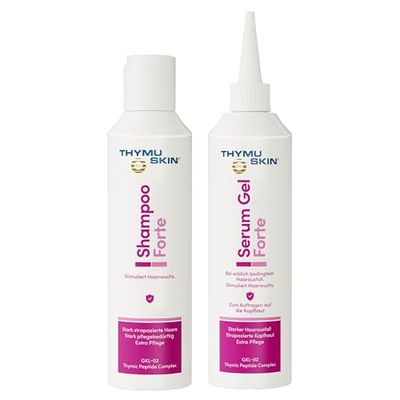 THYMUSKIN Forte - Conjunto para perda de cabelo devido à quimioterapia. Estimula o crescimento do cabelo. Conjunto (1 champô de 200 ml + 1 gel de soro de 200 ml)