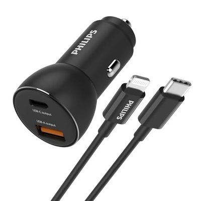 PHILIPS DLP2521L/00 - Caricabatteria da Auto con Porte USB-A e USB-C e Cavo Lightning per iPhone, da USB-C a Lightning 1 Metro, Colore: Nero