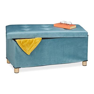 Relaxdays Storage Bench, Velvet Cover, Wooden Feet, H x W x D: approx. 34 x 76 x 38 cm, Turquoise, Fibreboard