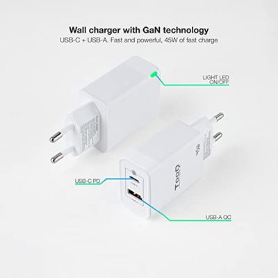 Cargador de Pared GAN 45W USB-C/PD y USB-A/QC, Ideal para Cargar Dispositivos móviles y electrónicos de Manera rápida y eficiente.