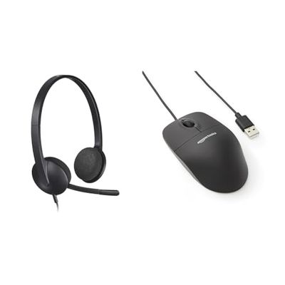 Logitech H340 USB Headset for PC and Mac & Amazon Basics 3-Button USB Optical Mouse Black