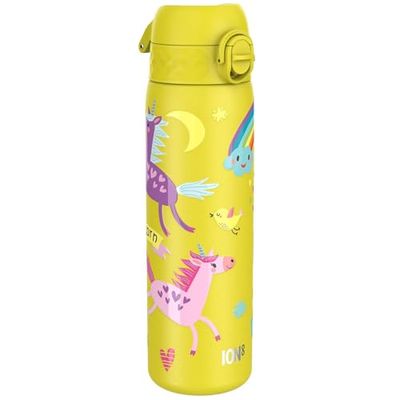 ION8 Borraccia Inox Leggero, 600ml, Non Isolato, a Prova di Perdite, Facile da Aprire, Serratura Sicura, Lavabile in Lavastoviglie, Adatta a Portabicchieri, Durevole, Unicorni Giallo