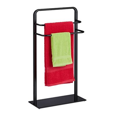 Relaxdays Piantana Portasciugamani, 79 x 45 x 20 cm Supporto Porta Asciugamani con 3 Aste, Acciaio e Vetro Opalino, Nero