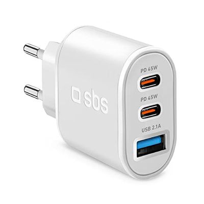 SBS Caricatore da 55W totali, 2 uscite USB-C Power Delivery 45W a ricarica ultrarapida e 1 USB-A da 10W, caricabatterie da muro per iPhone, Samsung Oppo, Xiaomi, tablet e laptop