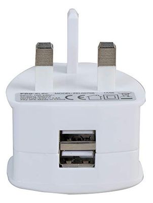 Pro Elec PEL00708 White UK mains Charger Plug to Dual USB Adaptor, 5V, 2.4A