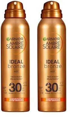Garnier Ambre Solaire Ideal Bronze Tanning Mist, For Face & Body, Invisible on All Skin Tones, Quick Dry - Water Resistant, 0% Alcohol, High UV Protection SPF30 (150ml) (Pack of 2)