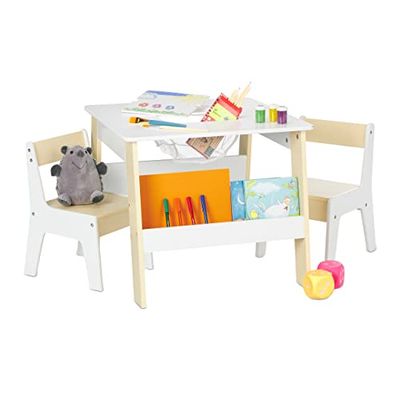 Relaxdays Ensemble mobilier Enfants, Table, 2 chaises, rangements, Mixte, Coin Salon Chambre d'enfant, Blanc-Beige
