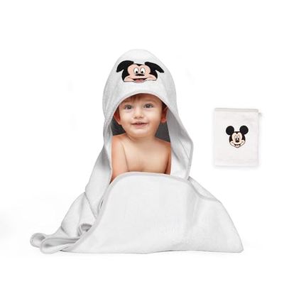 Disney Home Micky Mouse zestaw ręczników z kapturem dla niemowląt do 5 lat, miękki i chłonny, certyfikat Oeko-Tex, 2-częściowy, ręcznik z kapturem 80 x 80 cm, myjka 15 x 20 cm