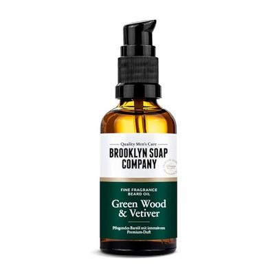 Brooklyn Soap Company, Aceite para barba 50 ml Green Wood & Vetiver – Aceite nutritivo para la barba para hombre – Para el cuidado diario de la barba – Aceite de barba en tamaño de viaje, ideal como