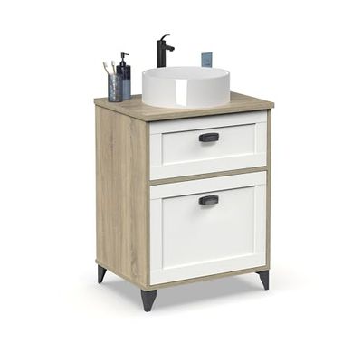 Muebles Pitarch | Mobile da bagno con lavabo in ceramica incluso, 60cm, con piedi, cassetto ,1 porta, per lavabo da appoggio, Bianco e Rovere , Vintage, modello Toscana