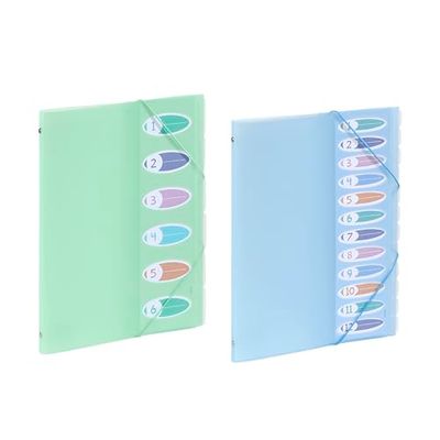 Viquel Propysoft - Juego de 1 clasificador A4, 6 compartimentos verde pastel + 1 clasificador 12 A4 12 compartimentos azul pastel - Índice frontal - Bolsa de plástico A4