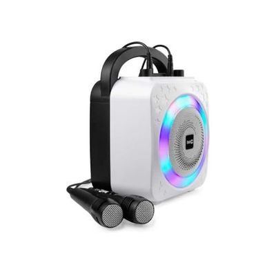 RockJam Máquina de karaoke Bluetooth recargable de 8 vatios con dos micrófonos, efectos de cambio de voz y luces LED, negra