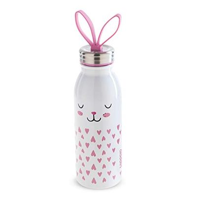 Aladdin Zoo Thermavac Botellas Termicas Agua Acero Inoxidable 0.43L Conejo – Se Mantiene Fría 7 Horas - Lazo Para Dedo de Silicona Suave - Botella Agua Niños Colegio - Libre de BPA
