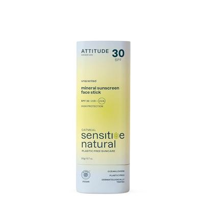 ATTITUDE Mineral Sunscreen Face Stick for Sensitive Skin, SPF 30, EWG-verifierad, plastfri, brett spektrum UVA/UVB skydd med zinkoxid, dermatologiskt testad, vegan, oupphörd, 20 g