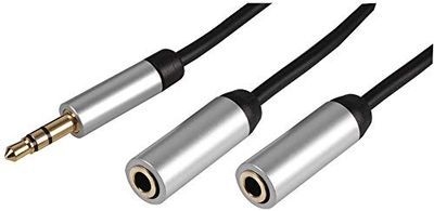 Pro Signal PSG3220-10M 3.5mm Stereo Plug to 2x 3.5mm Stereo Socket Slim Lead with Aluminium Head shells, 10m Black
