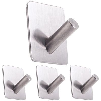 RICOO Ganchos Adhesivos para Pared, MH021-4 Perchas Adhesivas Fuertes de Acero Inoxidable, Gancho Pared sin Taladro, Ideal para Baño y Cocina, Ganchos adhesivos para colgar, Juego de 4, Plateado.