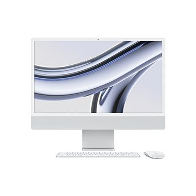 Apple 2023 iMac all-in-one desktop computer with M3 chip: 8-core CPU, 10-core GPU, 24-inch 4.5K Retina display, 8GB unified memory, 256GB SSD storage, matching accessories. Works with iPhone; Silver